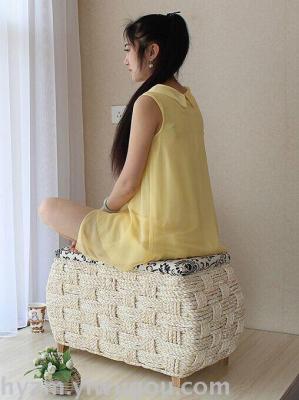 The rattan grass - plaited storage bench solid wood for shoes.