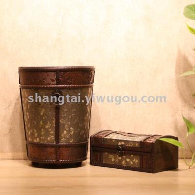 Retro Wood Trash Can Wastebasket Tissue Box Set Flower Device HL-037