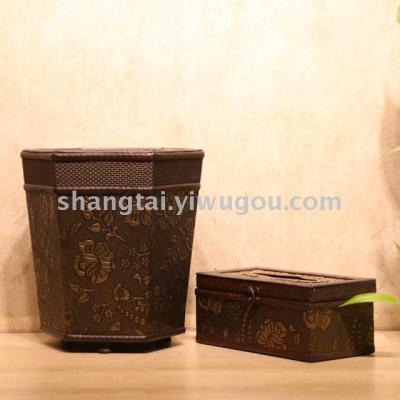 Retro Wood Trash Can Wastebasket Tissue Box Set Flower Device LC-0760