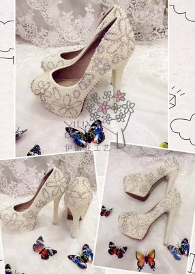 New high heel crystal wedding shoes handmade shoes western European style simple new bride.