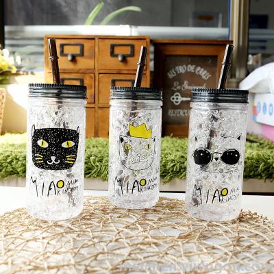 Fashion Cartoon Cylinder Cat Cold Ice Cup Wholesale Custom Creative Double-Layer Summer Water Cup Drop-Resistant