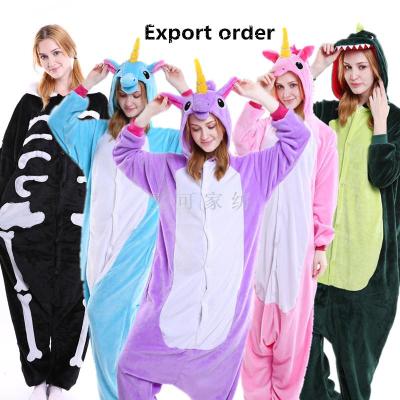 Export flannel cartoon animals Siamese pajamas thick coral velvet men and women couples long sleeve toilet version