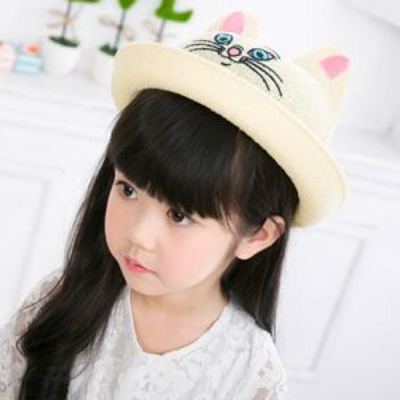 Summer straw hat for boys and girls, children, children cartoon cat, small round hat