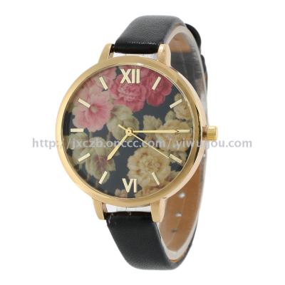 New casual women leather with watch fine watch with flowers pattern quartz watch