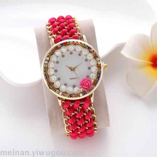 Ethnic Style Woven Bracelet Watch Color Diamond Table Jewelry Decoration Gift Watch