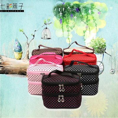  high capacity double layer cosmetic pouch Korea dot makeupbag organizer bag