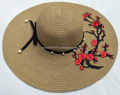Hot sale plum flower applique female hat fashionable pearl decorative beach hat sunblock hat.