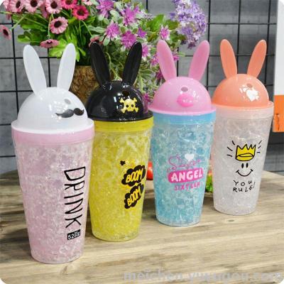 Factory direct rabbit ears cold drink creative ice cool cup fashion double layer of food grade plastic ice cup cup