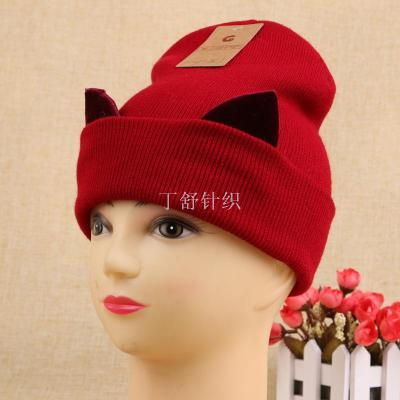 Cat ear hat thickening warm knitted hat cap