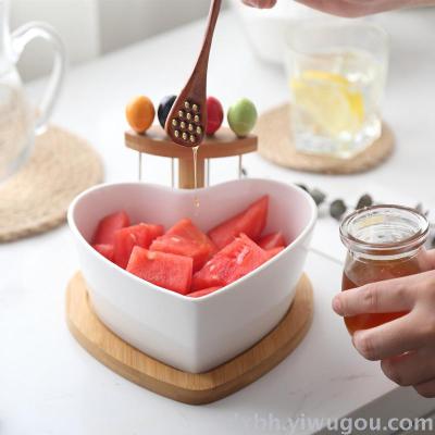 Creative fashion ceramic fruit and vegetable salad bowl with bamboo with multi - color fruit fork love fruit plate