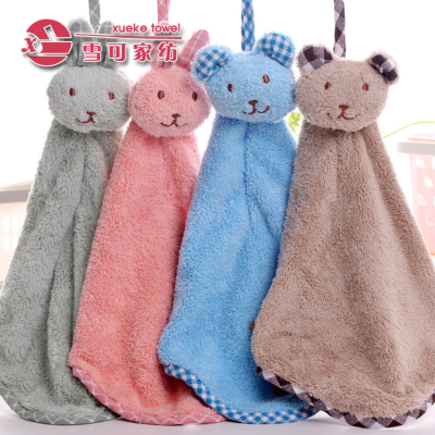 Cute rabbit bear head towel coral cashmere cartoon animal head super soft water hanging hanging small towel square