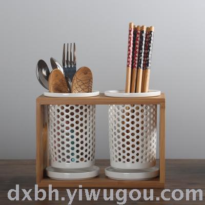 Korean hollow ceramic dipped in water mold double tube chopsticks tube home creative chopsticks cage cutlery cage