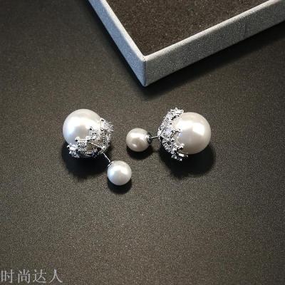 Korean hollow out lace size double-sided pearl female temperament ear stud earrings