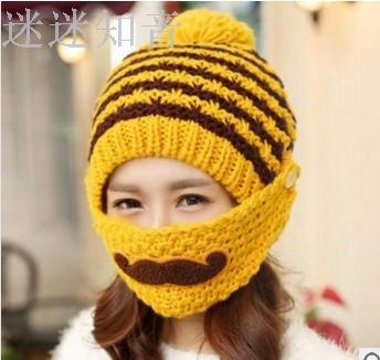 Lady masks hail hat plus velvet thick knitted wool cap cute warm care ear beard cap