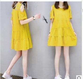 Women's short-sleeved shoulder Korean version of the dress loose loose thin white Peng Peng skirt