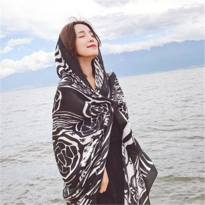 New Ethnic Style Cotton and Linen Scarf Black and White Totem Super Long Scarf Beach Travel Beach Towel Sun Protection