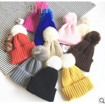 Children thickening candy color hair ball wool hat Korean version of the ear knitting cap men and women baby sets