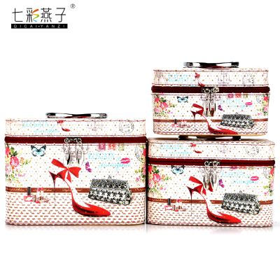 Korean Style High Quality Waterproof Pu Square Box Glittering Powder Women's Cosmetic Case Three-Piece Set
