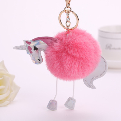 Unicorn fur pony imitation rex rabbit fur ball accessories cartoon PU leather key accessories bag accessories