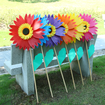 Best selling wholesale 46 cm wooden sunflower windmill colorful outdoor toys garden decorative windmill