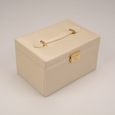 Crown grade PU three-tier jewelry box storage box in beige portable multi-functional jewellery storage box