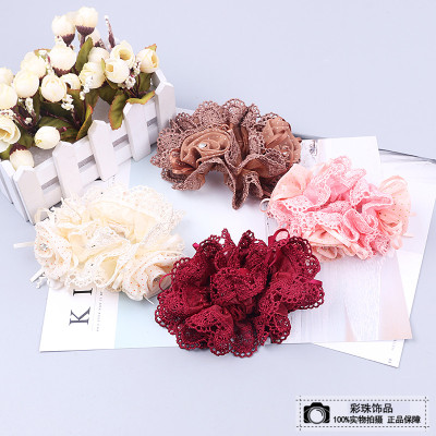 Large fabric lace hair rope girls beaded flower ring headdress pierced the first flower hair band hair accessories