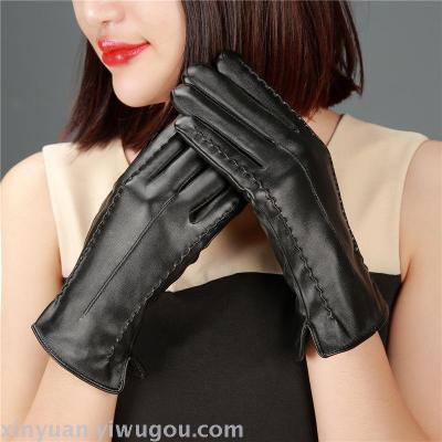 Leather gloves for women autumn and winter full touch screen protector warm thickened driving outdoor cold riding wool mouth fashion gloves