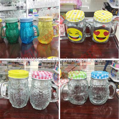 New design Mason jar glass cup smile face with handle drinking glass with color 