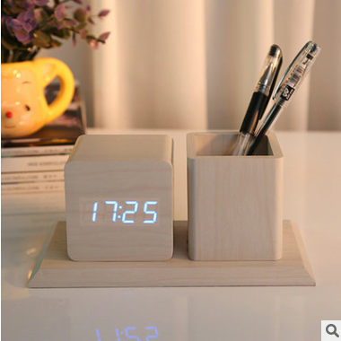 New 2017 wooden LED alarm clock pen holder