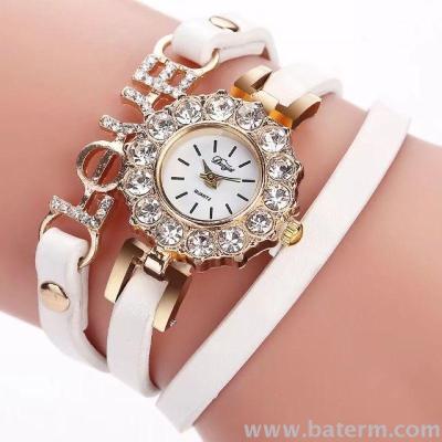 Korean fashion love rhinestone encrusted wound three ring decorated bracelet quartz watch female students form