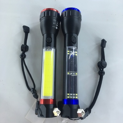 Solar Flashlight cob Strong light flashlight with safety Hammer Flashlight USB Charge Flashlight Factory Direct Sales