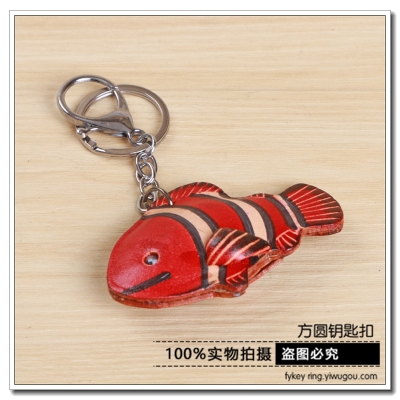 Creative round fish key ring top layer cowhide fish style key chain bag pendant