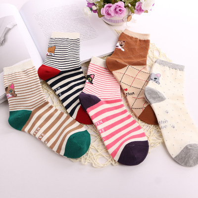 Women's winter cotton socks color stripe sweat girl socks cute cartoon animal cotton socks candy color middle socks