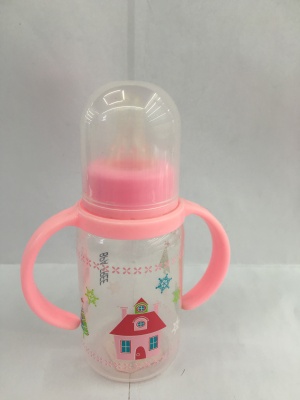 Transparent color bottle cartoon printing with handle transparent cover PP milk bottle
