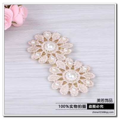 White beige lace pearl water diamond bow bangs for Velcro
