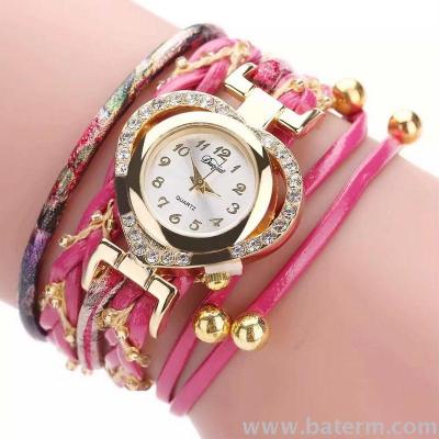 Fashion hot - selling knitting double - round diamond gold small - hearts bracelet watch girl