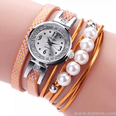 Han edition fashion simple lady pearl decorated twining double ring bracelet watch