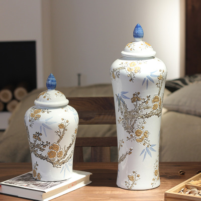 Handicraft blue - white plum bamboo pottery and porcelain storage jar home accessories for large size