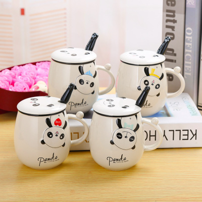 Cute relief panda ceramic cup creative cartoon mark cup with a spoon.