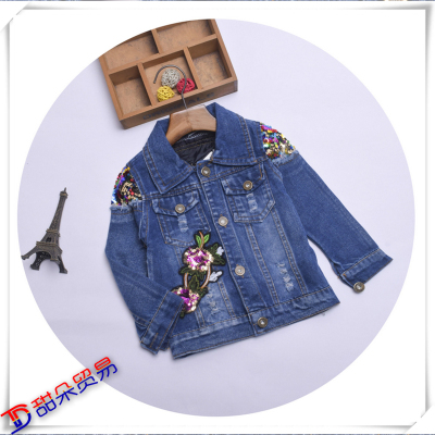 the new south Korean girls' denim applique jacket, long-sleeve lapel jacket and children's clothing wholesale.