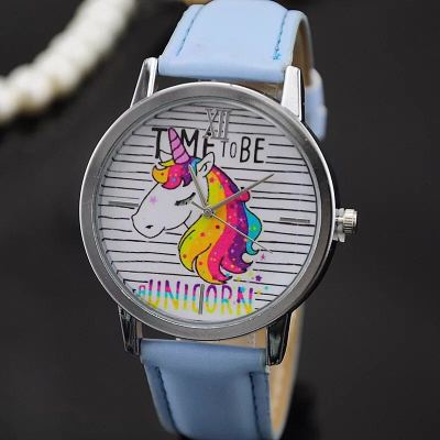 Quick sell hot style fashionable silver shell color unicorn design belt watch color flying horse watch girl.