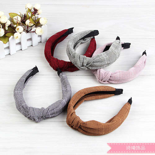 headdress simple plaid fabric knotted hairpin hair band sweet versatile lady wide-brimmed headband hair accessories