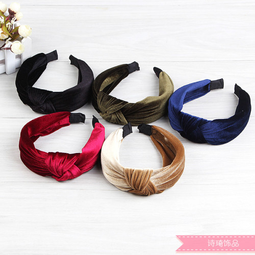 simple flannel temperament headband retro solid color wide edge fabric knotted cross headband pressing hair grottoes hairpin