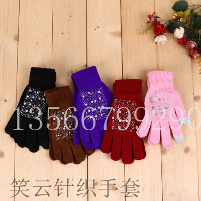 Manufacturer direct selling acrylic yarn fashion point drill and ball glove knitting gloves.