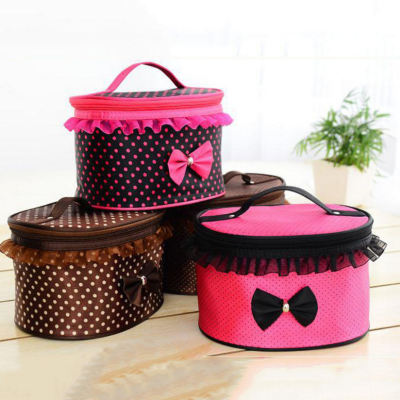 Lace Cosmetic Bag Lace Stitching Wash Bag Polka Dot Bow with Mirror Cosmetic Bag