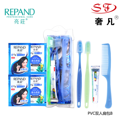 A disposable product toothbrush toothpaste shampoo shower gel travel package.