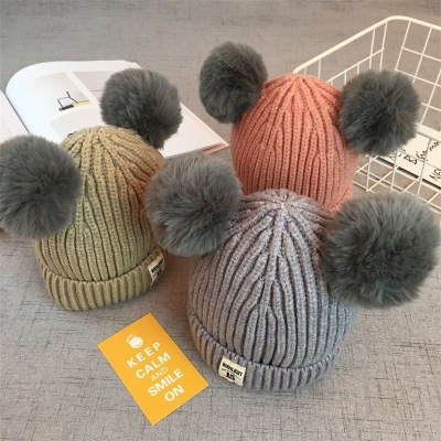 Children's double ball woolly hat autumn winter thickened baby hat knitted warm hat conferred personality knitted hat