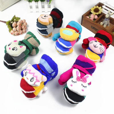 Winter children and girls small bag with rope cartoon gloves thickened warm and cold knitted mittens wholesale