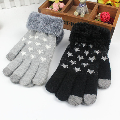 Factory Autumn and Winter New Knitted plus Fluff Jacquard Touch Screen Knitted Gloves Factory Direct Sales Wholesale