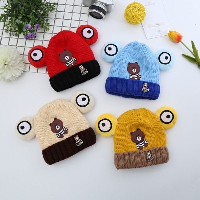 Factory Direct Sales Cute Handmade Big Ears Big Eyes Curling Children Spring and Autumn Baby Wool Sleeve Cap Wholesale